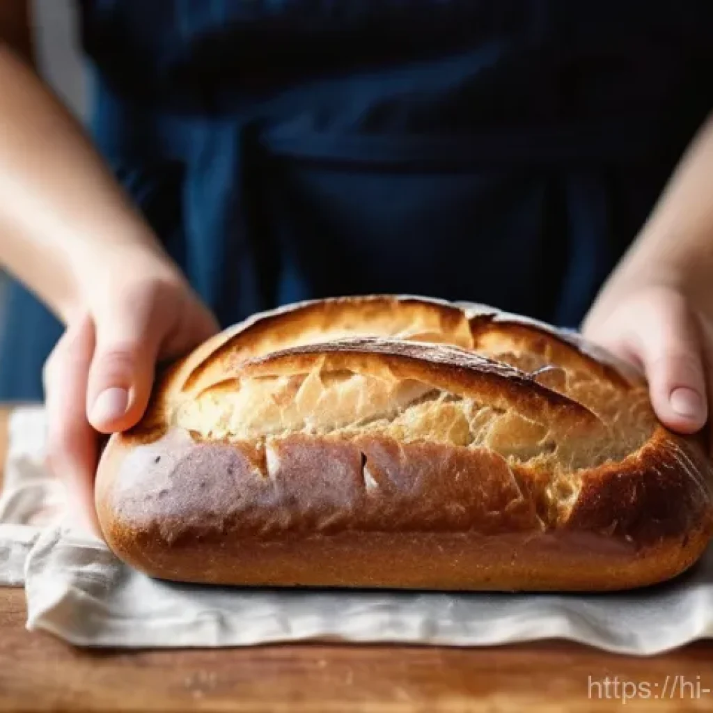홈베이킹 유행하는 빵 종류 - A close-up shot of a pair of hands, possibly a woman's, gently holding a warm, golden-brown loaf of ...