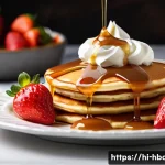 Home 22 홈베이킹 카라멜 소스 만들기 - A close-up image of a rich, creamy caramel sauce being poured over a stack of warm, fluffy pancakes ...