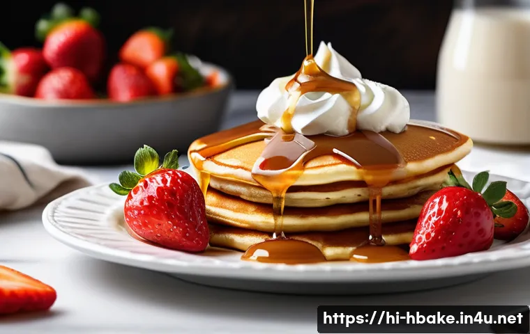 홈베이킹 카라멜 소스 만들기 - A close-up image of a rich, creamy caramel sauce being poured over a stack of warm, fluffy pancakes ...