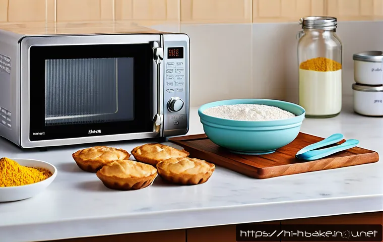 홈베이킹 전자레인지 활용법 - A bright kitchen scene showing a microwave-friendly baking setup tailored for Hindi-speaking users: ...