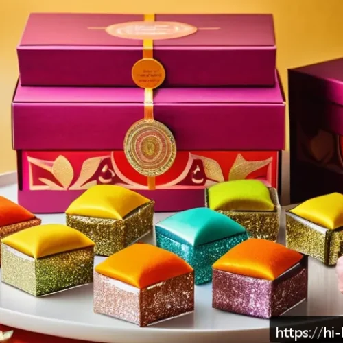 Home 30 홈베이킹 수제 선물 포장법 - A vibrant, eco-friendly sweets packaging setup featuring colorful paper boxes decorated with glitter...