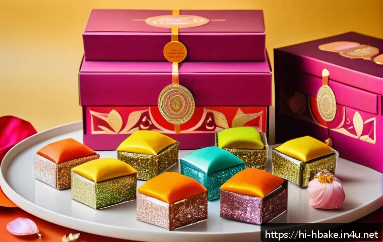 홈베이킹 수제 선물 포장법 - A vibrant, eco-friendly sweets packaging setup featuring colorful paper boxes decorated with glitter...