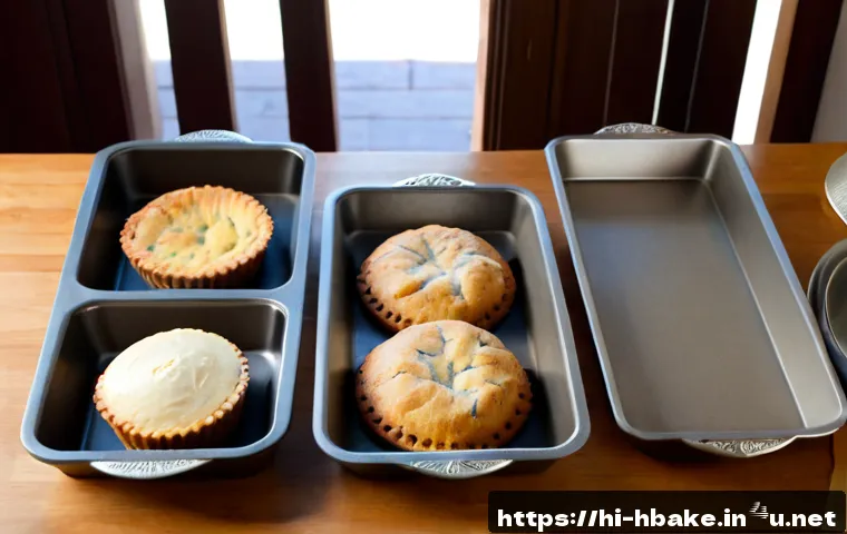 홈베이킹 베이킹 틀 선택법 - Photorealistic overhead comparison of essential home baking pans neatly arranged on a warm wooden ki...